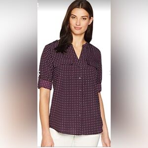 NWT Calvin Klein Purple Polka Dot V-neck Long Sleeved Blouse‎ Size Small
